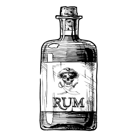 Vector hand drawn illustration of bottle of rum in ink hand drawn style. isolated on white.のイラスト素材