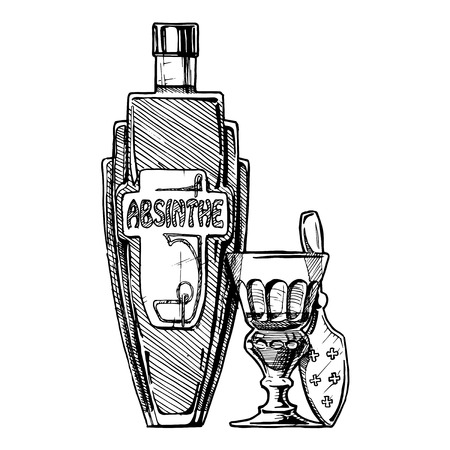 Vector hand drawn illustration of bottle of Absinthe with absinthiana in ink hand drawn style. isolated on white.のイラスト素材