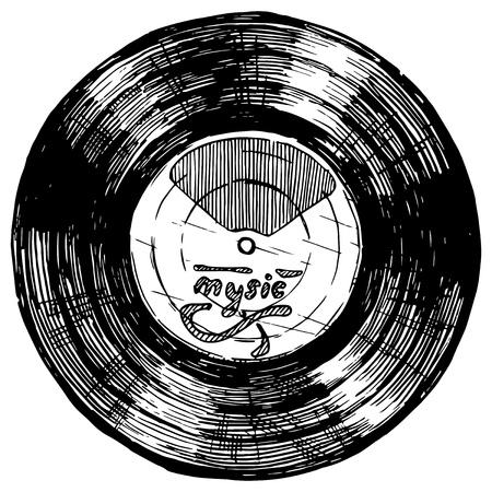 Vector hand drawn sketch of Vinyl record in ink hand drawn style. isolated on white.のイラスト素材