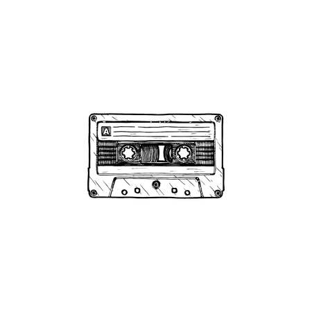 Vector hand drawn sketch of compact cassette in ink hand drawn style. isolated on white.のイラスト素材