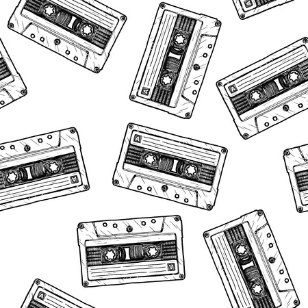 Seamless pattern with Compact Cassette in vintage engraved style on white background.のイラスト素材