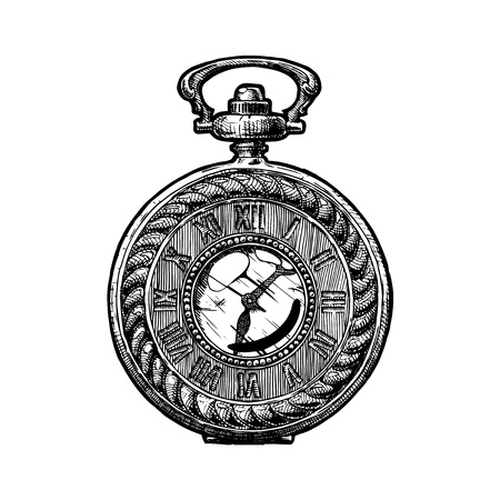 Vector ink hand drawn illustration of pocket watch. Black and white illustration. isolated on white.のイラスト素材