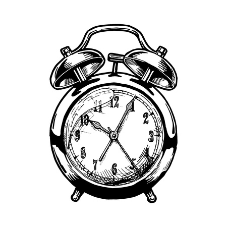 Vector hand drawn sketch of Alarm clock. Black and white illustration. isolated on white.のイラスト素材
