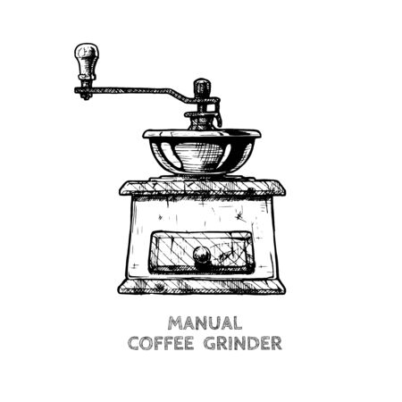 Vector illustration of old fashioned manual burr mill coffee grinder in ink hand drawn style. isolated on white.のイラスト素材