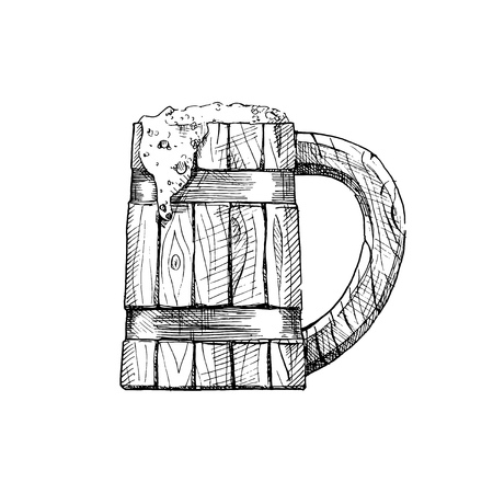 wooden tankard with a beverage. Beer or Kvass. illustration of drink in ink hand drawn style. isolated on white.のイラスト素材
