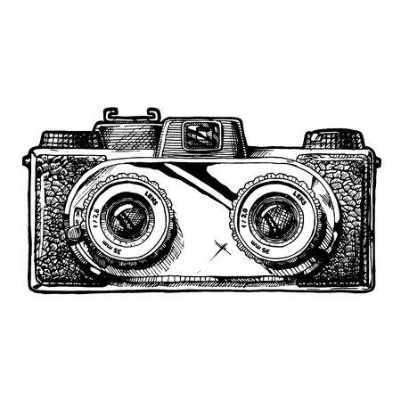 Twin-lens stereo camera. Vector hand drawn sketch of retro photocamera in vintage engraved style on white background.のイラスト素材