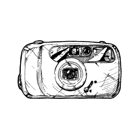 Film point-and-shoot camera with built-in flash. Vector hand drawn sketch of photocamera in vintage engraved style on white background.のイラスト素材