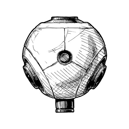 360-degree camera. Vector hand drawn sketch of omnidirectional photocamera in vintage engraved style on white background.のイラスト素材