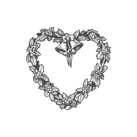 Vector illustration of Heart shaped wreath in ink hand drawn style.のイラスト素材