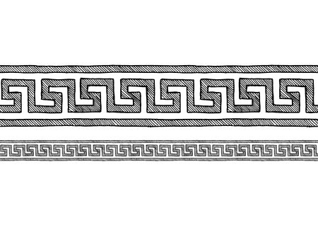 Meander, old greek border ornament in ink hand drawn style. Horizontal seamless pattern border. のイラスト素材