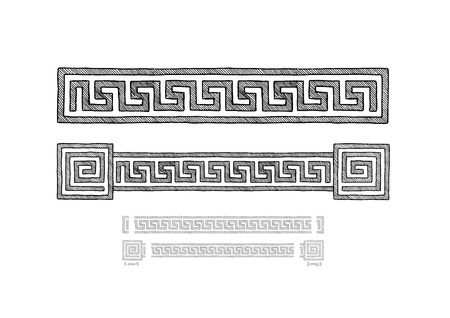 Meander, old greek border ornament in ink hand drawn style. Horizontal seamless pattern border. のイラスト素材