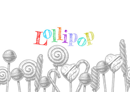 Background with ink hand drawn lollipop on white. Seamless pattern stripe. Place for your text.のイラスト素材