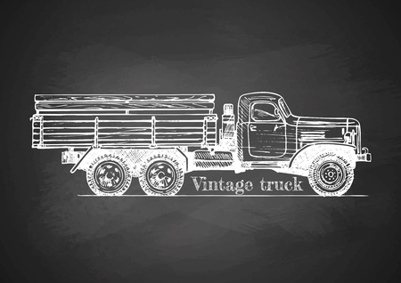 Vector drawing of retro lorry on chalkboard. side viewのイラスト素材