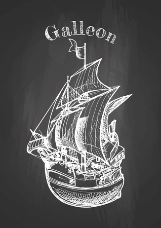 Vector hand drawing of sailing ship, galleon on chalkboard. Vintage poster.のイラスト素材