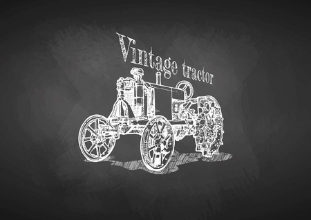 Vector hand drawing of vintage tractor on chalkboard. Retro poster.のイラスト素材