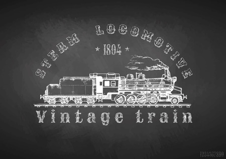 Vector hand drawn illustration of vintage train and steam locomotive on chalkboard. Retro poster.のイラスト素材