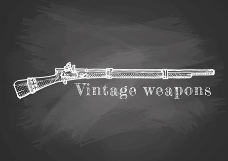 Vintage weapons. Vector hand drawn illustration of old musket. Retro poster on chalkboard.のイラスト素材