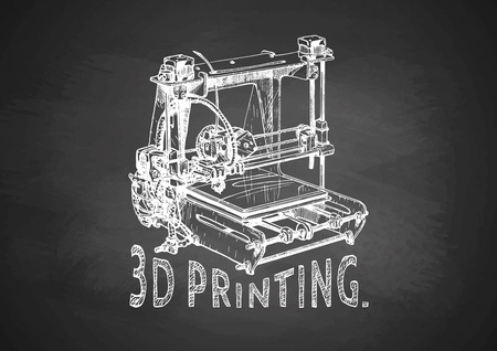 Vector hand drawn illustration of a 3D printer on chalkboard. Vintage poster.のイラスト素材