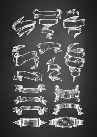 Set scrolled ribbons in vintage style on blackboard. Vector Hand drawn illustration stylized drawing with chalk. のイラスト素材