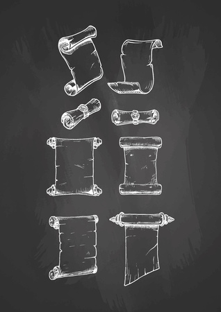 Vector set of the old scrolls drawn with chalk on blackboard. のイラスト素材