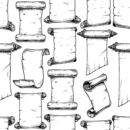 Seamless black and white pattern with different vintage scroll. Vector illustration in vintage engraved style.のイラスト素材