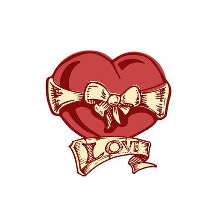 Valentine heart with bow-knot in ink hand drawn style. isolated on white. のイラスト素材
