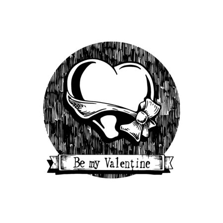 Valentine heart with bow-knot in ink hand drawn style. isolated on white. のイラスト素材