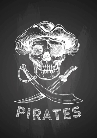 Jolly Roger. Pirate flag. Vector illustration of pirates skull with two cross swords in ink hand drawn style on black background.のイラスト素材