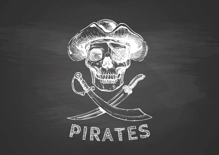 Jolly Roger. Pirate flag. Vector illustration of pirates skull with two cross swords in ink hand drawn style on black background.のイラスト素材