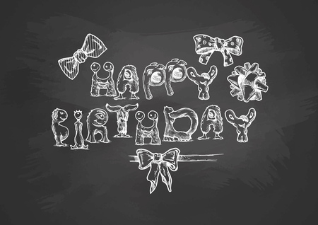 Vintage Happy Birthday card on chalkboard.  Vector illustration. Ribbon bow.のイラスト素材