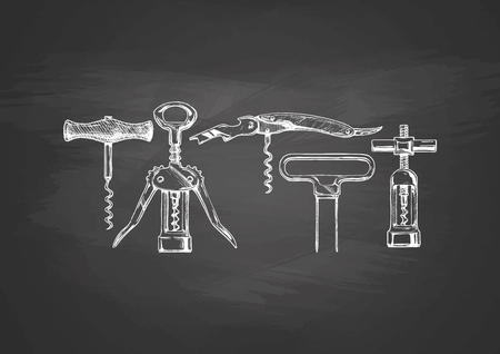 Vector corkscrew set drawn with chalk on blackboard. Types of corkscrews: basic corkscrew, wing corkscrew, sommelier knife, butler's friend, continuous turning corkscrew.のイラスト素材