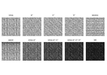 10 Seamless pattern of ink hand drawn linear hatching and crosshatching textures. Texture has 5 different angles: vertical, 30, 45 and 60 degrees, horizontal and gradient.のイラスト素材