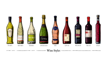 Hand drawn vector illustration of wine styles in vintage engraved style. Rich, sweet and dry white, sparkling, rose, light, medium and bold red dessert wines.のイラスト素材