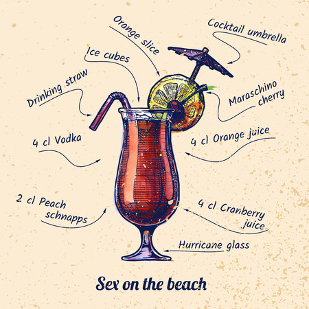 Ink drawing and watercolor vector illustration of a drink called Sex on the Beach and its ingredients on old paper backdrop.のイラスト素材