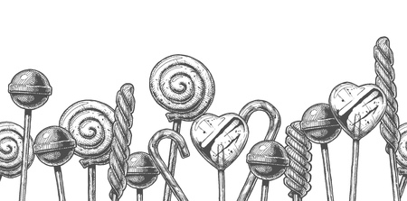 Background with ink hand drawn lollipop on white. Seamless pattern stripe. のイラスト素材