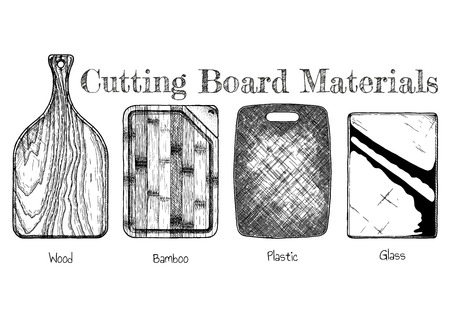 Cutting board from various materials: wood, bamboo, plastic, glass. Vector hand drawn illustration in vintage engraved style. Isolated on white background.のイラスト素材
