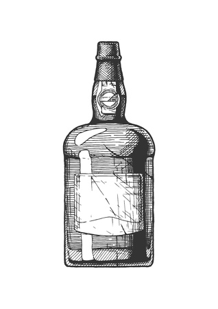 Vector hand drawn illustration of port wine bottle, type of Portuguese dessert wine in vintage engraved style. Isolated on white background.のイラスト素材