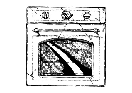 Vector hand drawn illustration of Kitchen stove in vintage engraved style. Isolated on white background. front viewのイラスト素材