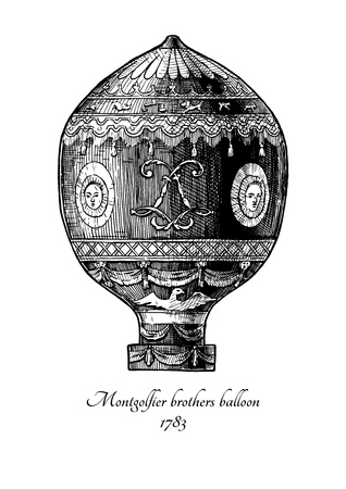 Vector hand drawn illustration of Montgolfier brothers balloon in vintage engraved style. Isolated on white background. The first Hot air balloon.のイラスト素材