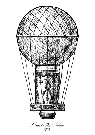 First Roziere. Vector hand drawn illustration of Jean-Francois Pilatre de Rozier balloon in vintage engraved style. Isolated on white background.のイラスト素材