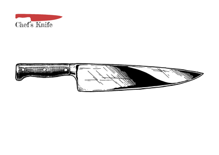 Vector hand drawn illustration of chef's knife in vintage engraved style. Isolated on white background.のイラスト素材