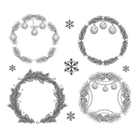 Vector illustration set of five Christmas wreath in ink hand drawn style.のイラスト素材