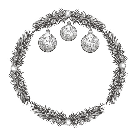 Vector illustration of Christmas wreath in ink hand drawn style.のイラスト素材