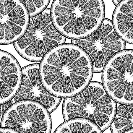Vector black and white seamless pattern with citrus, lemon and orange wedges. illustration in vintage engraved style.のイラスト素材