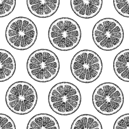 Vector black and white seamless pattern with citrus, lemon and orange wedges. illustration in vintage engraved style.のイラスト素材