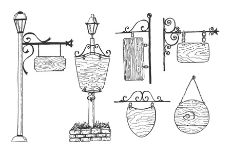 Vector hand drawn illustration of city empty metal wooden sign boards retro destinations displays old lantern on poles for street illumination in vintage engraved style. Isolated on white background.のイラスト素材