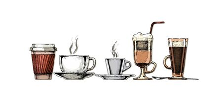 Vector set of coffee cups in ink hand drawn style. Color illustration isolated on white.のイラスト素材