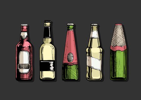Vector color set of beer bottles in ink hand drawn style. isolated on black.のイラスト素材