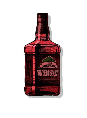 Bottle of whiskey. Vector hand drawn illustration of Distilled beverage in vintage engraved style. isolated on white.のイラスト素材