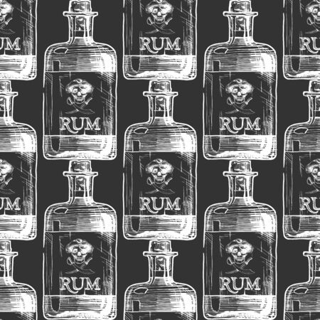Seamless pattern with bottle of rum in ink hand drawn style.のイラスト素材